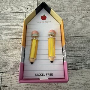 True To Form Gold tone Metal Yellow Enamel Pencil Shaped Earrings Teachers Gift